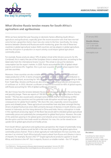 What Ukraine-Russia tension means for South Africa's agriculture and agribusiness