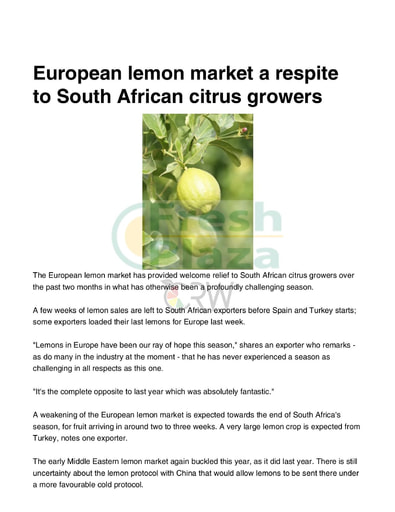 European lemon market a respite to South African citrus growers