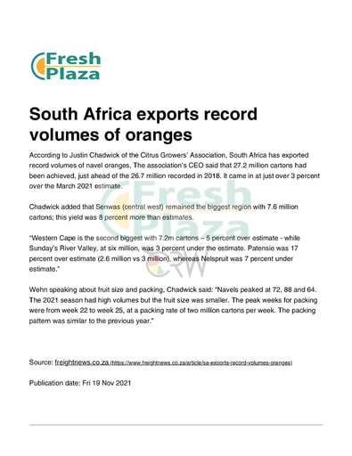 South Africa exports record volumes of oranges